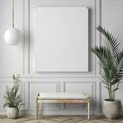 white board frame on the white classic interior decor entry room,washed color wood floor foyer