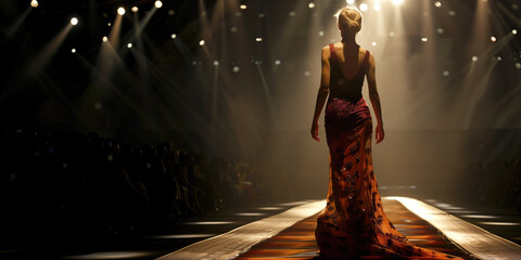 Model on the catwalk in an elegant dress. - obrazy, fototapety, plakaty