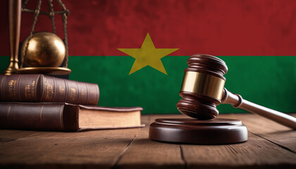 Justice gavel on Burkina Faso flag. Law and justice in Burkina Faso. Rights of citizens.