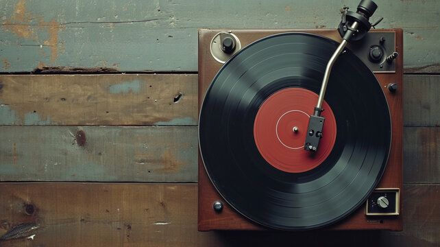 top view of a retro vinyl record player on wooden background