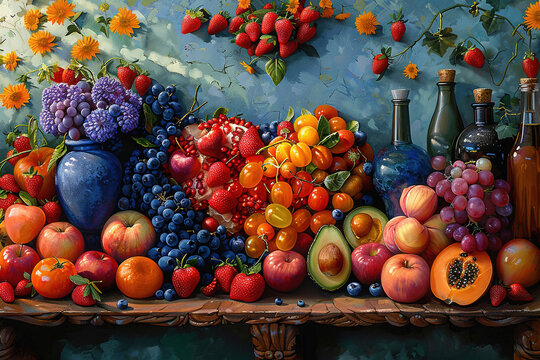 A painting depicts an array of colorful fruits and vegetables arranged on top of each other, creating the shape of a heart in front of a blue wall with flowers. Created with Ai