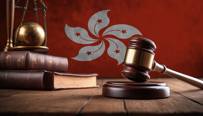 Justice gavel on Hong kong flag. Law and justice in Hong kong. Rights of citizens. - obrazy, fototapety, plakaty