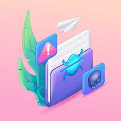 3D Isometric illustration, Cartoon. Data theft. Caution, danger, malicious software. Spider, skull. Vector icons for website