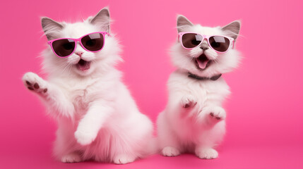 cool young cats with sunglasses on pink background 