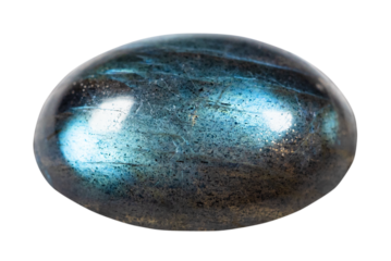 close up of sample of stone from geological collection - polished artificial labradorite gemstone isolated on white background