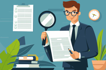 Meticulous document inspection: Businessman conducts thorough quality assurance review, investigating reports and legal audits with magnifying glass to verify information and ensure compliance.