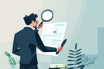 Meticulous document inspection: Businessman conducts thorough quality assurance review, investigating reports and legal audits with magnifying glass to verify information and ensure compliance.