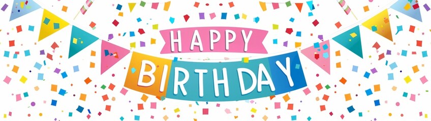 colorful banner with the text "HAPPY BIRTHDAY", bunting, white background simple shapes, bright colors Generative AI