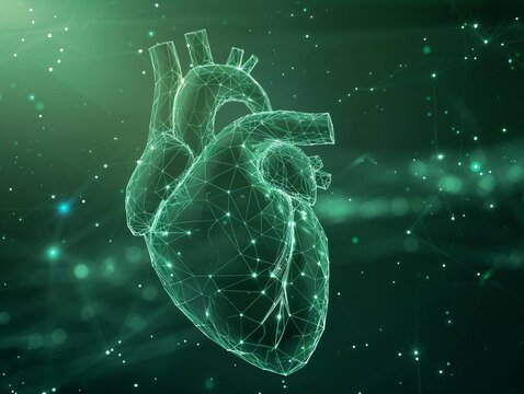 green High-Tech Digital Human Heart with Low Poly Wireframe on dark green Background. 3D Render with Polygon Mesh.	
