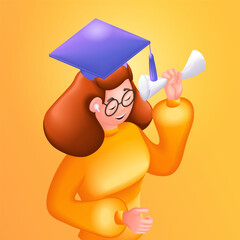 3D Isometric illustration, Cartoon. Student, graduate. Young red-haired girl is happy, She is a graduate. Getting a diploma. Vector icons for website