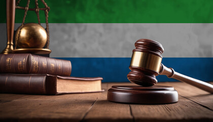Justice gavel on Sierra Leone flag. Law and justice in Sierra Leone. Rights of citizens. - obrazy, fototapety, plakaty