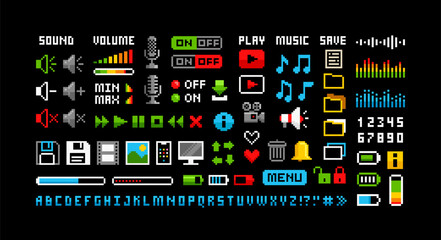 Retro Game pixel graphics icons Set 6. Perfect pixel icons of media player buttons, computer icons, music notes, sound volume, scale, media., sound wave, etc. Retro Video Game art. Isolated vector - obrazy, fototapety, plakaty