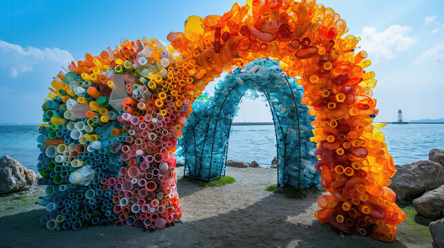 An activist art installation made from recycled plastic, drawing attention to the issue of plastic pollution in the oceans