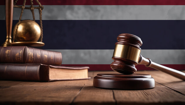 Justice gavel on Thailand flag. Law and justice in Thailand. Rights of citizens.