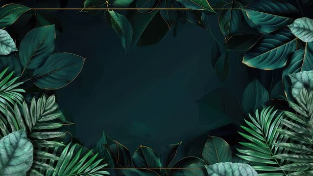 Chic seamless looping animation featuring elegantly swaying forest plant leaves against a deep green backdrop embellished with golden borders.