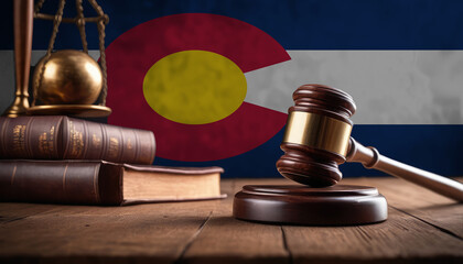 Obraz na płótnie Canvas Justice gavel on Colorado flag. Law and justice in Colorado. Rights of citizens.