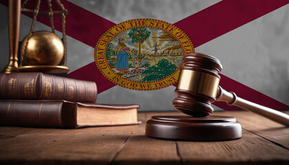Justice gavel on Florida flag. Law and justice in Florida. Rights of citizens.