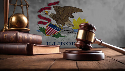Justice gavel on Illinois flag. Law and justice in Illinois. Rights of citizens.