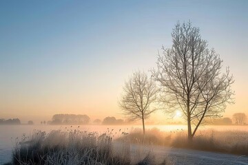 Morning mist in a wintry Dutch polder landscape. The sun is just rising and the grass is still frosted. In the foreground are two trees silhouetted against the sky - obrazy, fototapety, plakaty