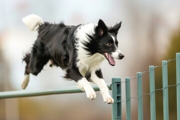 A Herding dog leaps over a red fence with a black and white coat