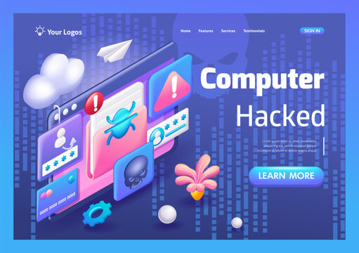 3D Isometric illustration, Cartoon. Ransomware Malware Attack. Business Computer Hacked. Trending Landing Page