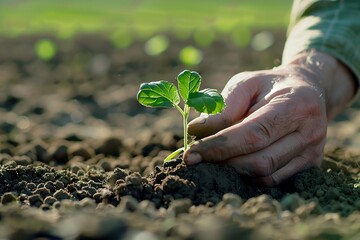 Fototapeta premium Farmer plants a sprout in the soil. Agriculture, farming and organic food concept. Macro shot for wallpaper, poster, presentation, advertisement 