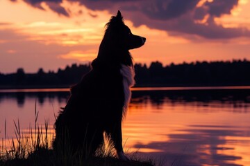 A Border Collie gazing out over a tranquil lake at sunset, its silhouette illuminated by the warm glow of the fading sun,