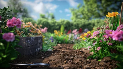 Zelfklevend Fotobehang Gardening fork and vibrant flowers in a sunlit garden with rich soil. © MP Studio