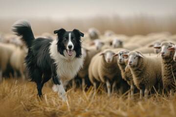Border collie herding sheep in grassy field landscape - obrazy, fototapety, plakaty