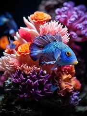 Naklejka na ściany i meble Blue fish perched on vibrant coral reef