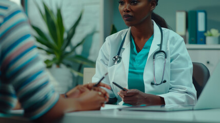 A healthcare professional in a consultation with a patient in a medical office setting.