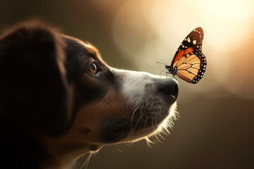 a dog is looking up at a butterfly on its nose