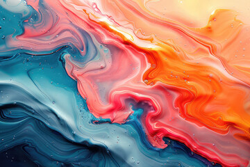 Abstract background, swirls of colors, fluid art, light red and blue, orange and teal. Created with Ai