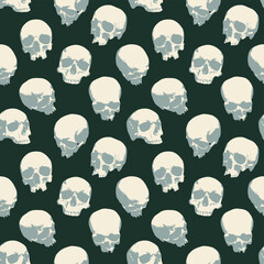 Seamless pattern with human skulls. Vector background with sinister smiling skulls in retro style. Graphic print for clothes, fabric, wallpaper, wrapping paper - 765859395
