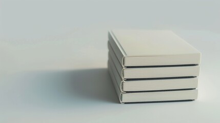 A UHD capture of a stack of blank notebooks arranged neatly on a white surface, offering ample space for inserting branding elements or custom designs.