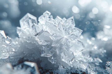 Obraz premium Pristine snowflake magnified, showcasing the complexity of its ice crystal structure.