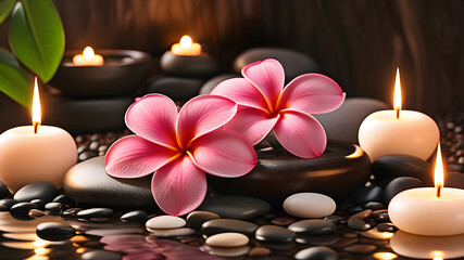 Obraz na płótnie Canvas Spa setting with pink tropical plumeria flowers, candles, stones and a reflective water surface. Wellness, relaxation, resort, tourism, travel concept. 