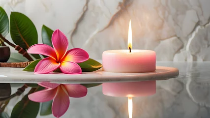 Zelfklevend Fotobehang Spa setting with pink tropical plumeria flower, candle and a reflective water surface. Wellness, relaxation, resort, travel. tourism concept.  © sunfe