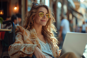 happy smiling stylish young woman at wheelchair sitting in street sidewalk cafe works on laptop have videochat laughing, AI - obrazy, fototapety, plakaty