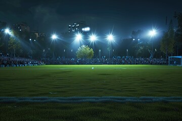 Night soccer field with lights and spectators panorama  - obrazy, fototapety, plakaty