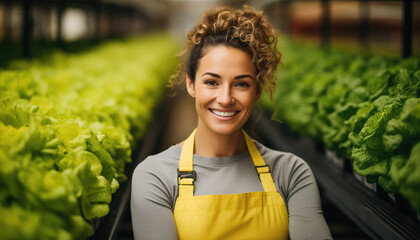 a woman in a yellow apron stands in a greenhouse full of bright lettuce. - Powered by Adobe
