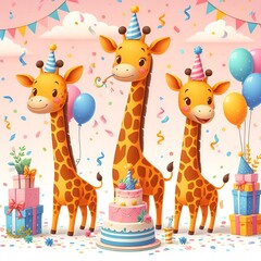 Cute little giraffe with balloons surrounded by spring flowers and butterflies and clouds. Cheerful children's  birthfday party illustration.
