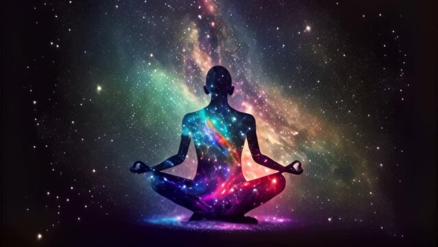 Human chakra meditation comprehends the inner light energy. Spiritual healing energy. Abstract silhouette background.
