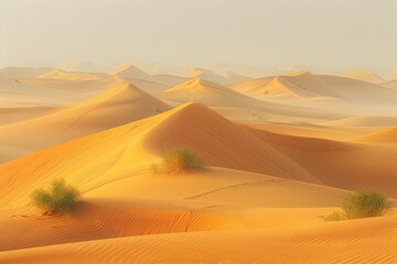 Fototapeta na wymiar Golden sand dunes with sparse vegetation under a hazy sky in the desert.