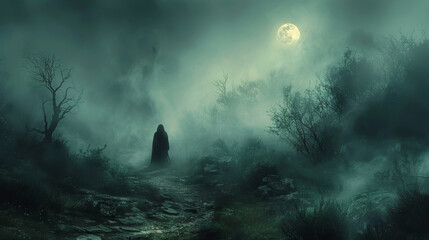 A person is walking through a forest at night, with a large moon in the sky. The atmosphere is eerie and mysterious, with the darkness and fog adding to the sense of unease - obrazy, fototapety, plakaty