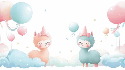 Two llamas are sleeping under a cloud with pink, blue, and green balloons