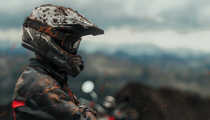 Mud-spattered motorcyclist in protective gear - obrazy, fototapety, plakaty