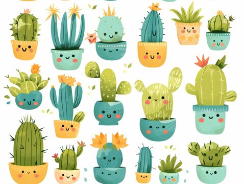 A collection of cactus plants with smiling faces drawn on them. Scene is cheerful and playful