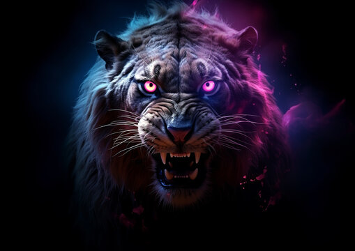 Against a dark background of shades of blue and purple,a wild tiger snarls with pink eyes.The image exudes power and intensity,enhanced by the mystical glow surrounding the tiger.AI generated.