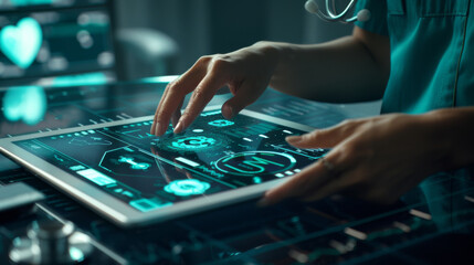A healthcare professional is interacting with a futuristic digital tablet displaying medical data.